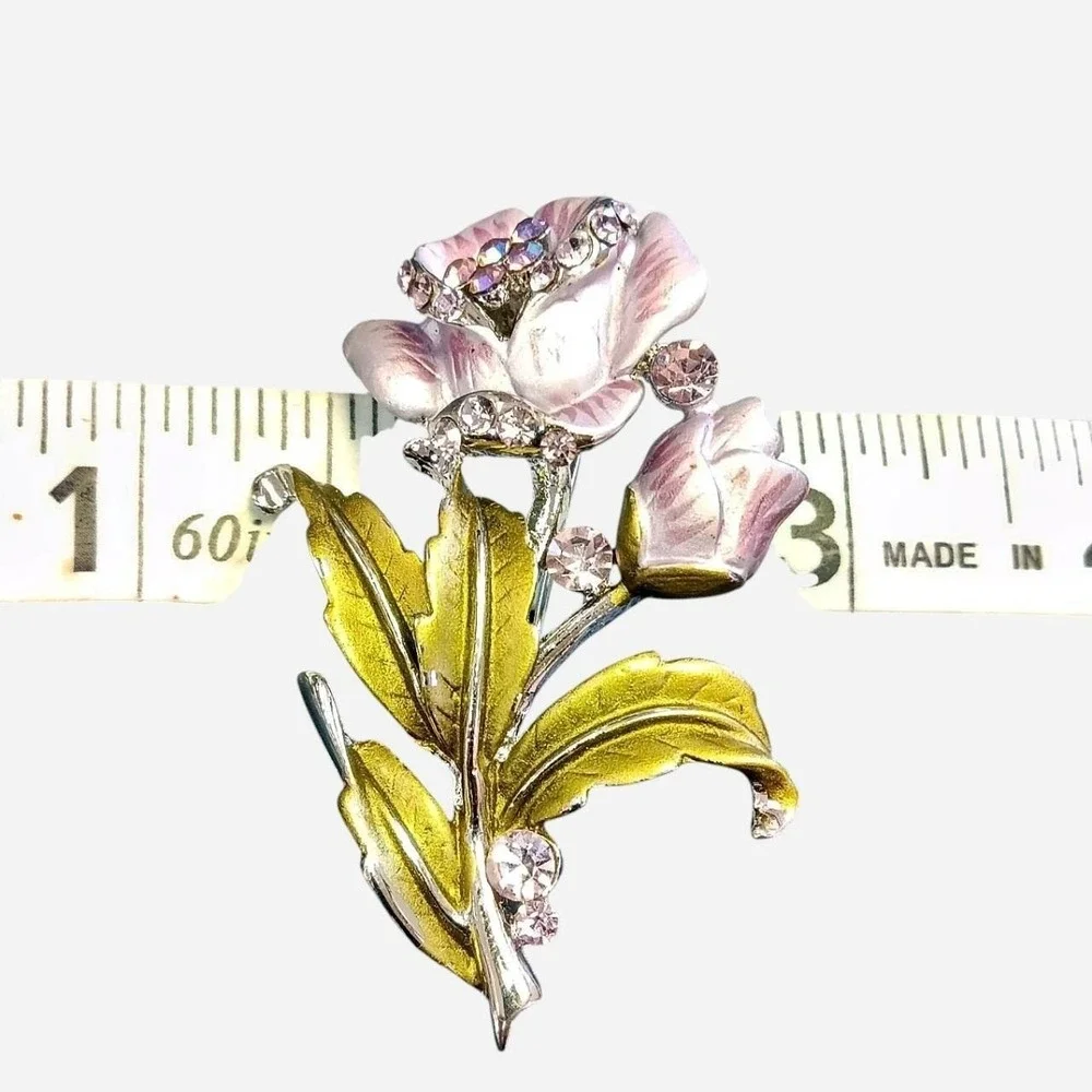 Pink, Green  And Gold Floral Brooch With Rhinestone Acccents